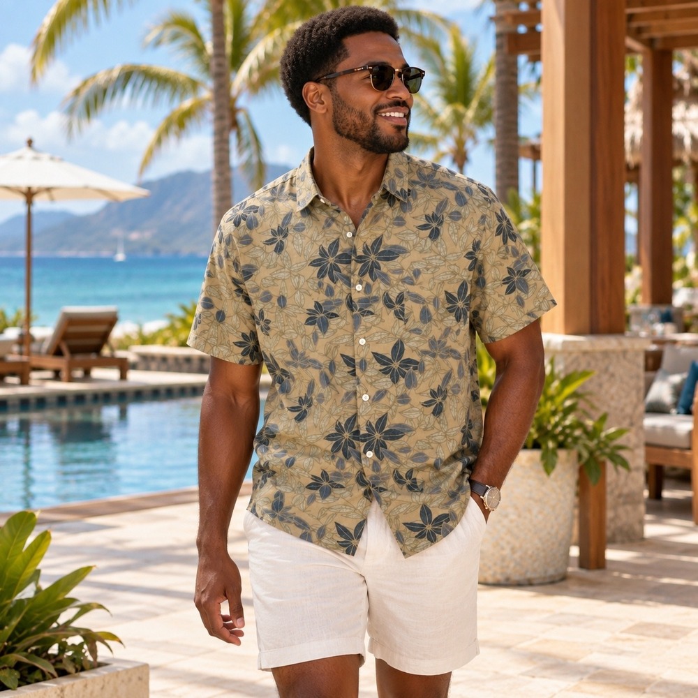 Jachs NY Khaki Blue Leaf Print Cotton Rayon Short Sleeve Button Down Shirt L